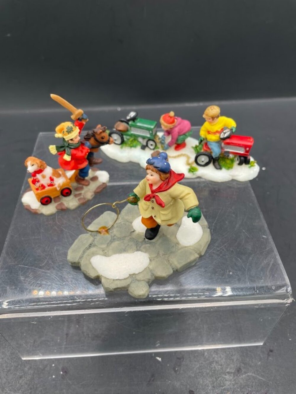 O'Well Christmas Village Accessory Resin Figure Kids Playing Hoop Tractors Hobby